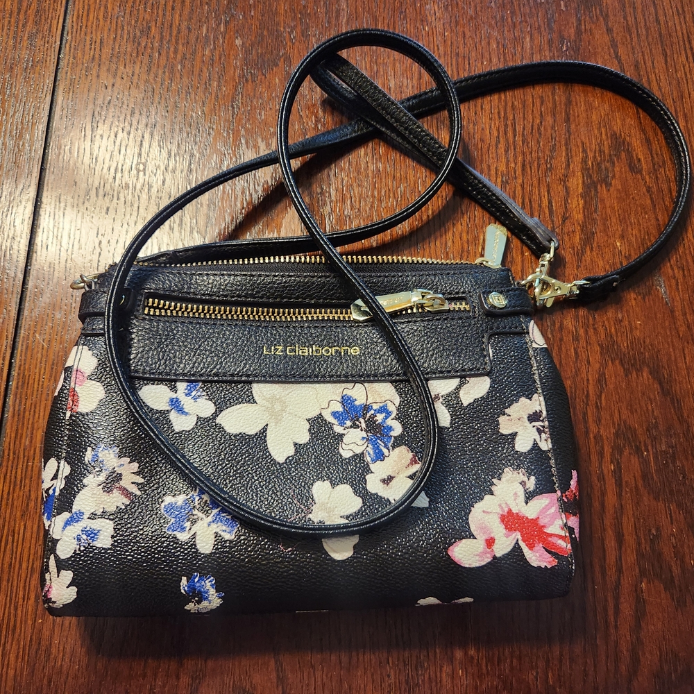 Liz Claiborne Black Floral Crossbody/Wristlet Combo DISCOUNTED SHIPPING